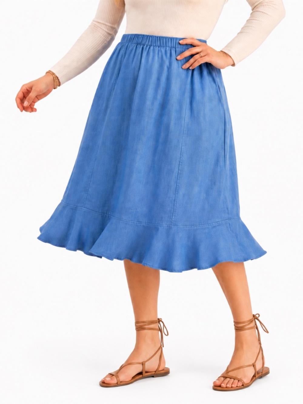 Coastal Chic‎ Pure Linen Pull On Flowy Midi Skirt Blue Ruffle Hem Relaxed Fit XL